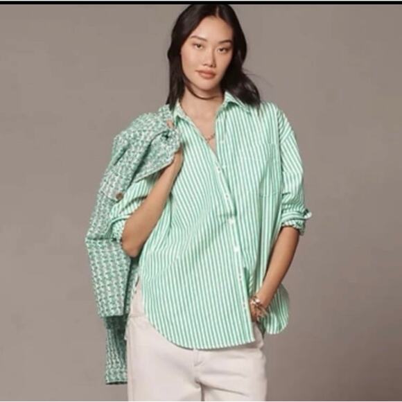 Maeve brand green and white striped oversized button-down shirt M - Picture 1 of 9
